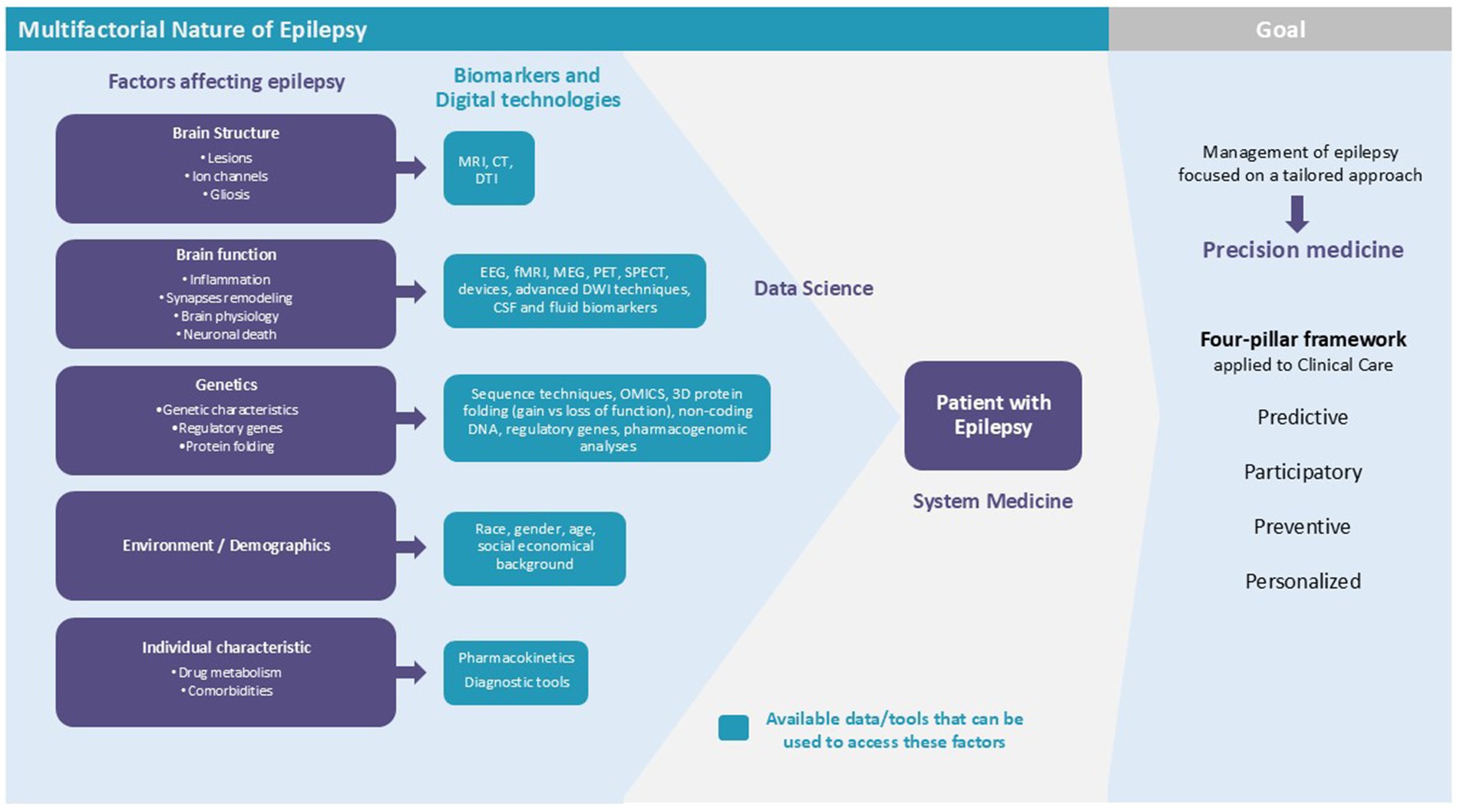 Diagram depicting the multifactorial nature of epilepsy, highlighting key factors that influence its pathophysiology, including brain structure, brain function, genetics, environment, demographics, and individual characteristics. Each factor can be assessed through different biomarkers and digital technologies such as MRI and genetic tests. The analysis and integration of these multimodal data, facilitated by advances in data science, will allow us to conduct a comprehensive analysis of patients within a systems medicine framework. This holistic approach will optimize clinical care, advance precision medicine, and enable implementation of the four-pillar framework: predictive, participatory, preventive, and personalized clinical care.
