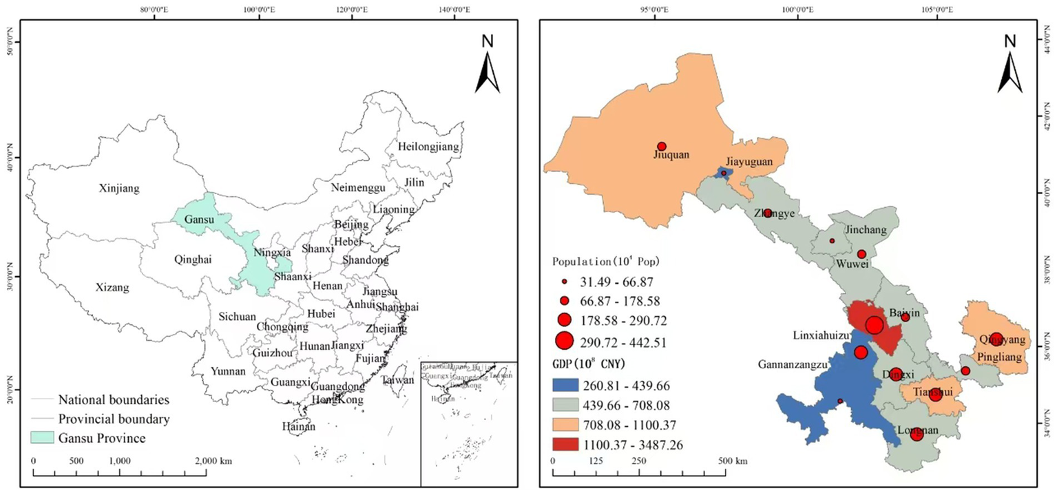 Map divided into two panels. The left panel shows China's provinces with Gansu highlighted. The right panel details Gansu, indicating population size with red circles and GDP with colored shading. Cities like Baiyin and Jiayuguan are marked.