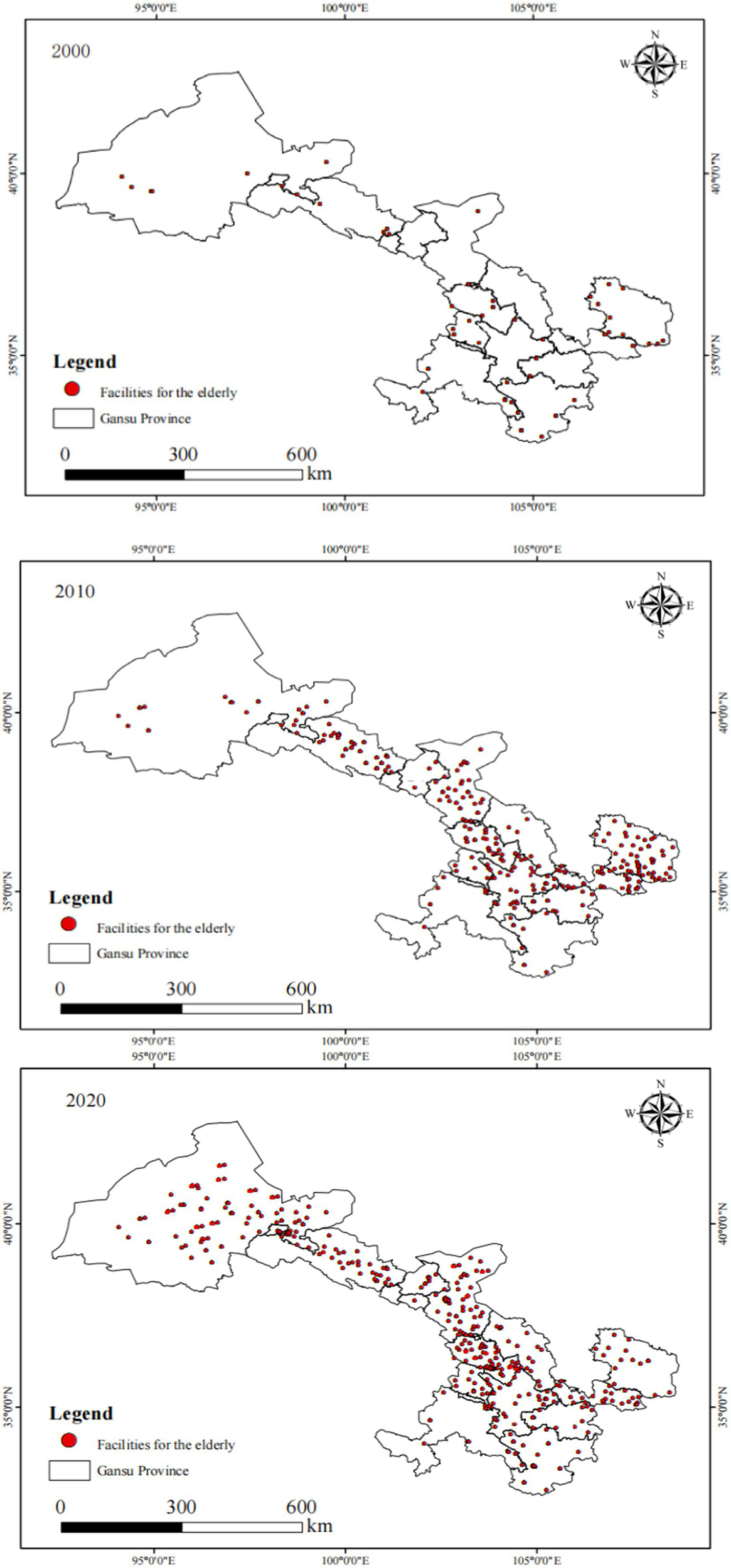 Maps showing the distribution of facilities for the older adult in Gansu Province for the years 2000 and 2010. The first map from 2000 shows fewer facilities marked by red dots compared to the denser distribution in the 2010 map. Map of Gansu Province in 2020, showing locations of facilities for the older adult marked as red dots. A compass rose and scale bar are present, indicating orientation and distance.
