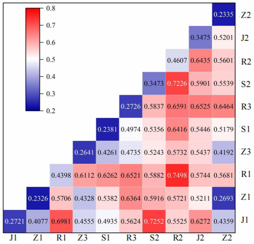 Matrix heatmap displaying correlation coefficients between variables J1, Z1, R1, Z3, S1, R3, S2, R2, J2, Z2 in a triangular grid. Colors range from blue (low correlation) to red (high correlation), with specific values given within each cell. A color scale bar is on the left, indicating values from 0.2 to 0.8.