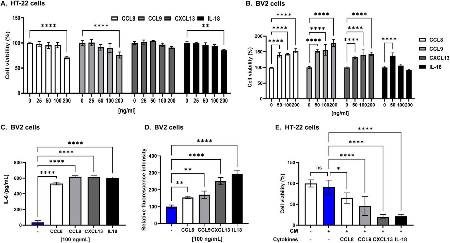 “Epididymal white adipose tissue-associated pro-inflammatory cytokines induce significant neurotoxicity in HT22 cells. (A) The viability of HT22 hippocampal neuronal cells was not affected after 24 h of direct culture with epididymal white adipose tissue (eWAT)-associated cytokines (CCL8, CCL9, CXCL13, and IL-18) at varying concentrations (25, 50, and 100 ng/mL). The results indicate no direct cytotoxic effects of these cytokines on hippocampal neurons under these conditions. (B) To evaluate the cytotoxicity of eWAT-associated cytokine in BV2 microglia, each cytokine was treated at a concentration of 50, 100, and 200 ng/ml. eWAT-associated cytokines did not induce cytotoxicity in BV2 microglial cells after 24 h of exposure, but they significantly increased microglial proliferation. (C) Treatment with each cytokine at a concentration of 100 ng/mL and analysis by ELISA showed that eWAT-associated pro-inflammatory cytokines significantly increased IL-6 secretion in BV2 microglial cells compared to those of untreated controls. (D) Intracellular reactive oxygen species (ROS) levels were measured in BV2 cells using a DCFDA fluorescence assay. Treatment with eWAT-associated cytokines led to a significant increase in ROS production, indicating oxidative stress–mediated microglial activation. (E) Treatment of HT22 hippocampal neurons with conditioned medium (CM) containing 100 ng/mL of each eWAT-associated cytokine to BV2 microglia significantly decreased cell viability, demonstrating the neurotoxic effect of cytokine-activated microglia on neurons. The data are presented as mean ± SD, with sample sizes ranging from n = 3 to n = 6 per group. Statistical significance is indicated by asterisks (*, compared with the control at 24 h): * p < 0.05, , **p < 0.01, and ****p < 0.0001, ns = no significant difference, One-way analysis of variance followed by Dunnett’s post hoc test.”