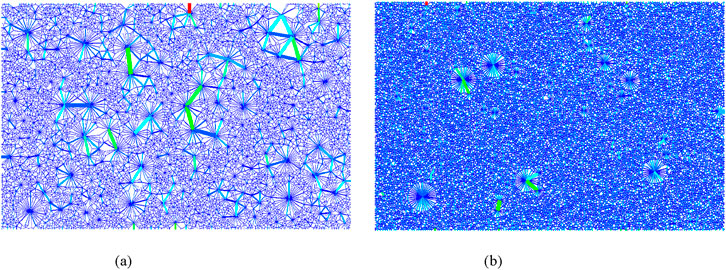 Two images labeled (a) and (b) showing complex geometric patterns. Image (a) features blue and green interconnected triangular shapes forming a dense network with larger, star-like nodes. Image (b) displays a similar pattern with tighter, more numerous connections, and fewer star-like nodes, creating a more uniform, intricate design.