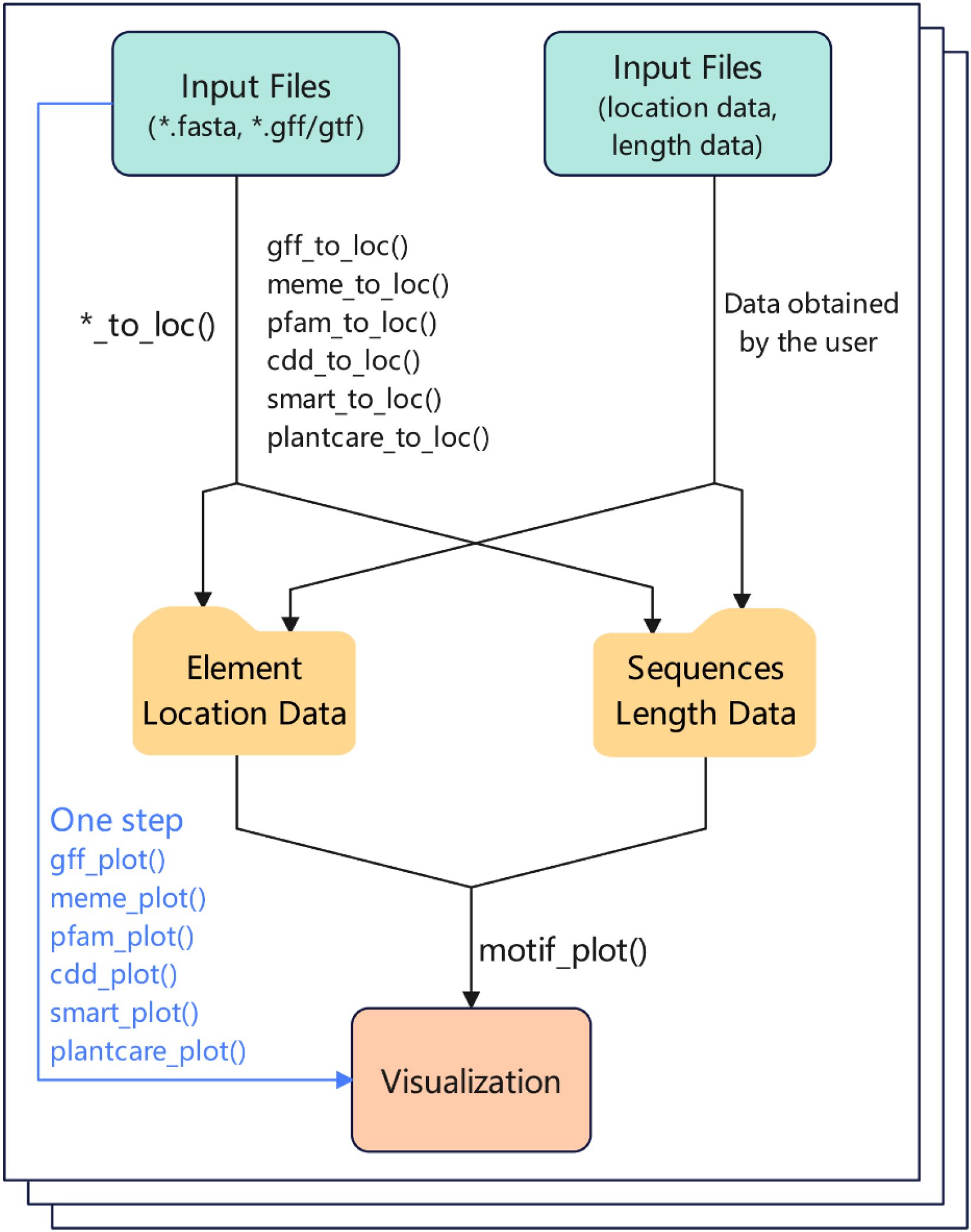 Flowchart illustrating a data processing workflow for visualizing motif data. Two types of input files are used: sequences (*.fasta, *.gff/gtf) and location/length data. Functions like gff_to_loc(), meme_to_loc(), and others process these files into element location data and sequence length data. Both data types are used to generate visualizations through motif_plot() and other plotting functions.