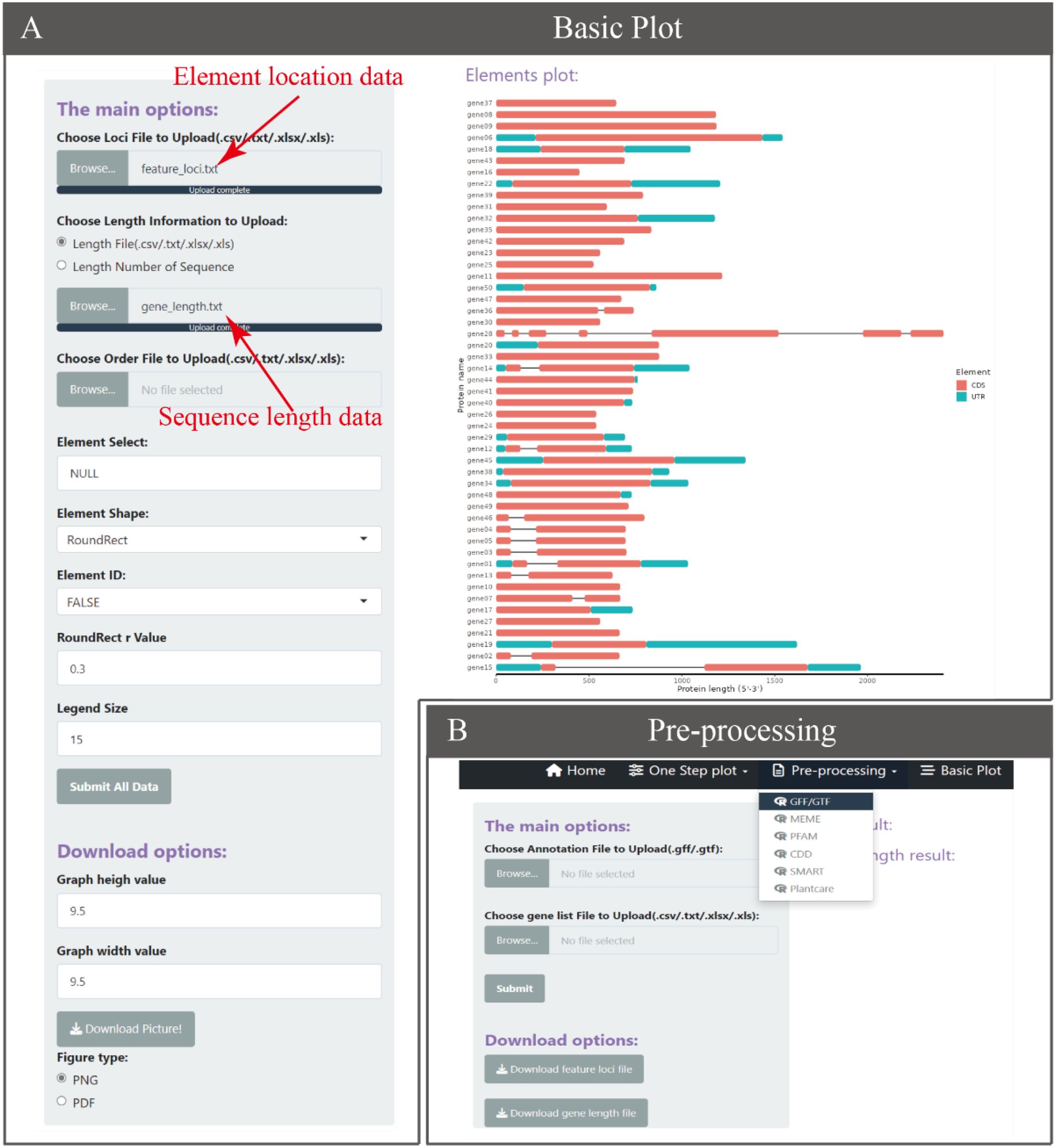 Panel A displays a data input interface for creating element plots, with options to upload element location and sequence length files, and adjust settings like element shape and size. The adjacent graph visualizes elements by gene with color coding for CDS and UTR. Panel B shows a pre-processing interface for uploading annotation and gene list files, with download options for feature and gene length files.