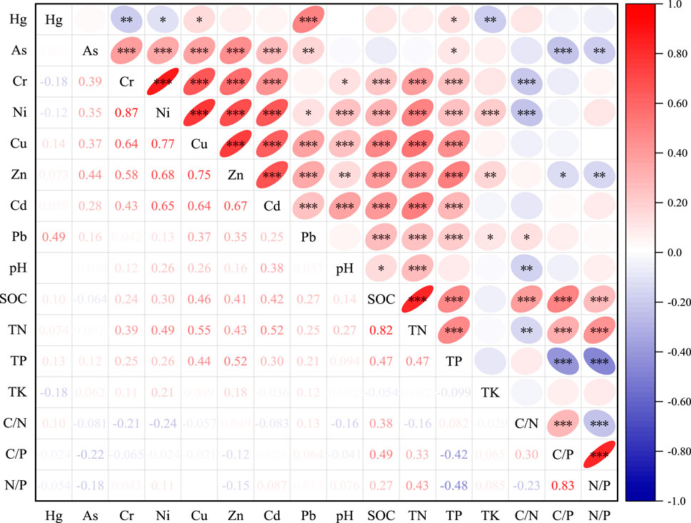 Colorful correlation matrix depicting relationships between various elements and parameters like Hg, As, Cr, Ni, Cu, Zn, Cd, Pb, pH, SOC, TN, TP, TK, C/N, C/P, and N/P. Positive correlations are shown in red, negative in blue, with intensity indicating strength. Significance levels are marked with asterisks. A color scale on the right ranges from -1.0 to 1.0.