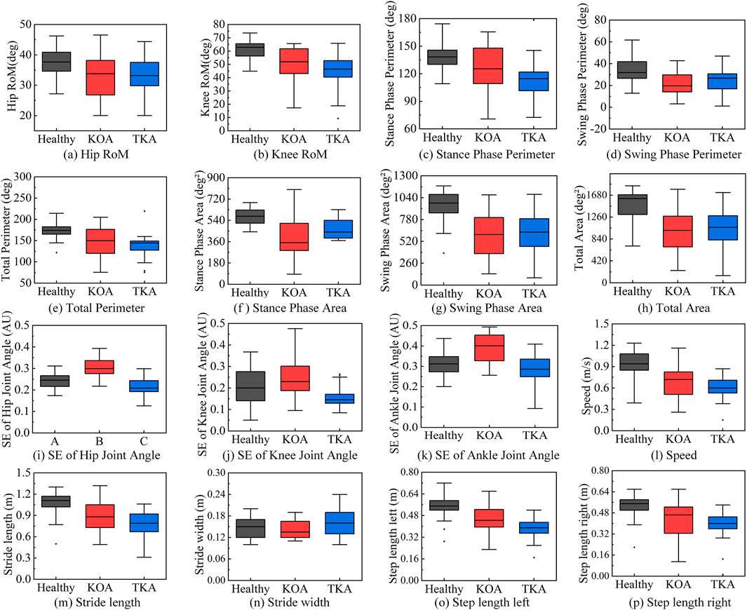 Box plots showing various gait parameters for Healthy, KOA, and TKA groups. Parameters include Hip and Knee Range of Motion, Stance and Swing Phase Perimeter and Area, Total Perimeter and Area, Standard Errors of Hip, Knee, and Ankle Joint Angles, Speed, Stride Length and Width, and Step Length for Left and Right Legs. Each plot compares the distributions for the three groups.
