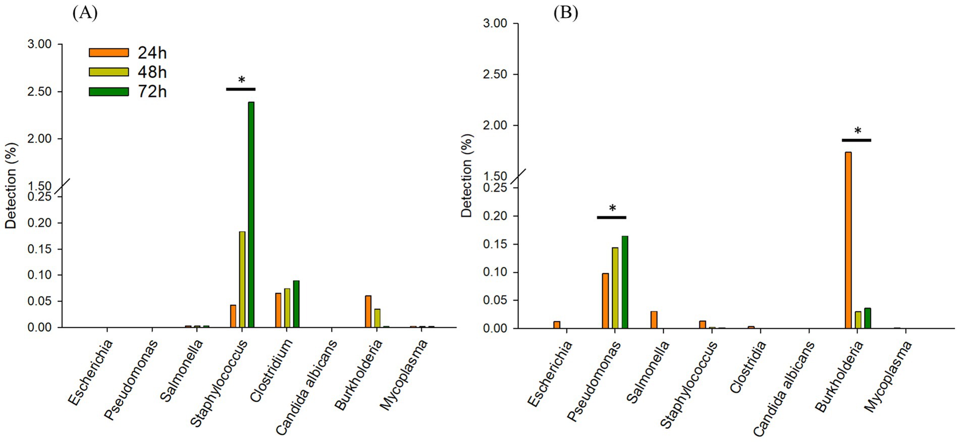 Bar charts labeled A and B compare bacterial detection percentages at 24, 48, and 72 hours, shown in orange, yellow, and green respectively. Chart A shows a significant increase in Staphylococcus detection over time in TSB. Chart B highlights Pseudomonas and Burkholderia with notable differences in 1/10x TSB, marked by asterisks. Each chart includes detection percentages on the y-axis and bacterial types on the x-axis.