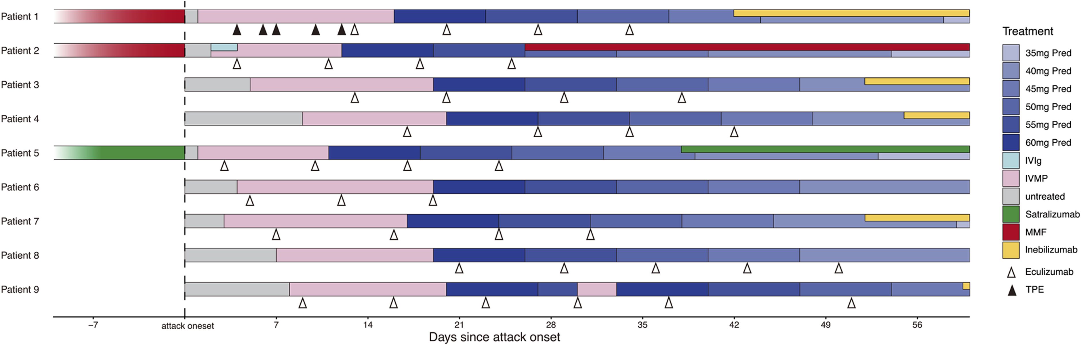 Timeline chart showing treatment regimens for nine patients over days since attack onset. Treatments include Prednisone (various doses), IVIg, IVMP, Satralizumab, MMF, Ienilizumab, and Eculizumab. Each patient has a unique treatment trajectory, depicted in different colors and marked with symbols for Eculizumab and TPE. The chart visualizes the complexity and variability in treatment approaches among the patients.