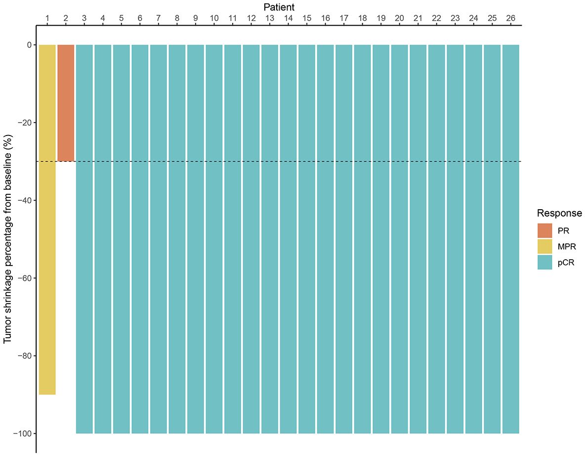 Bar graph showing tumor shrinkage percentages from baseline for 26 patients. The x-axis lists patients, and the y-axis shows percentage shrinkage. Bars are color-coded: orange for partial response (PR, patient 2), yellow for major pathological response (MPR, patient 1), and blue for complete pathological response (pCR, patients 3-26). Most patients exhibit a high percentage of tumor shrinkage, with pCR being the most common response.