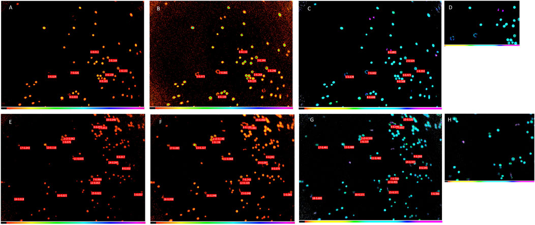 Seven microscopy images labeled A to H, showing various clusters of colored dots against black backgrounds. Each dot cluster is marked with labels containing numerical data. A color spectrum bar is present at the bottom of each image, ranging from orange to purple.