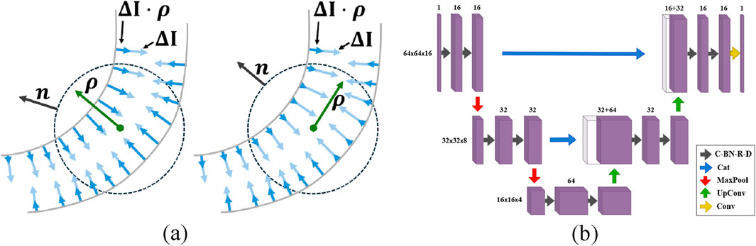 Diagram with two parts: (a) illustrates vector fields with arrows showing direction and magnitude changes, labeled with symbols like ρ and ΔI. (b) depicts a convolutional neural network architecture with layers in purple, including operations like concatenation (blue arrow), max pooling (red arrow), up-convolution (green arrow), and convolution (yellow arrow). Legend specifies operations such as C-BN-R-D.