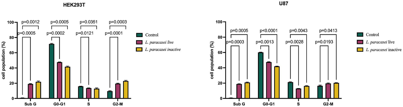 Bar charts comparing cell populations in HEK293T and U87 lines across cell cycle phases. Categories include Control, L. paracasei live, and L. paracasei inactive. Significance levels are indicated by p-values.