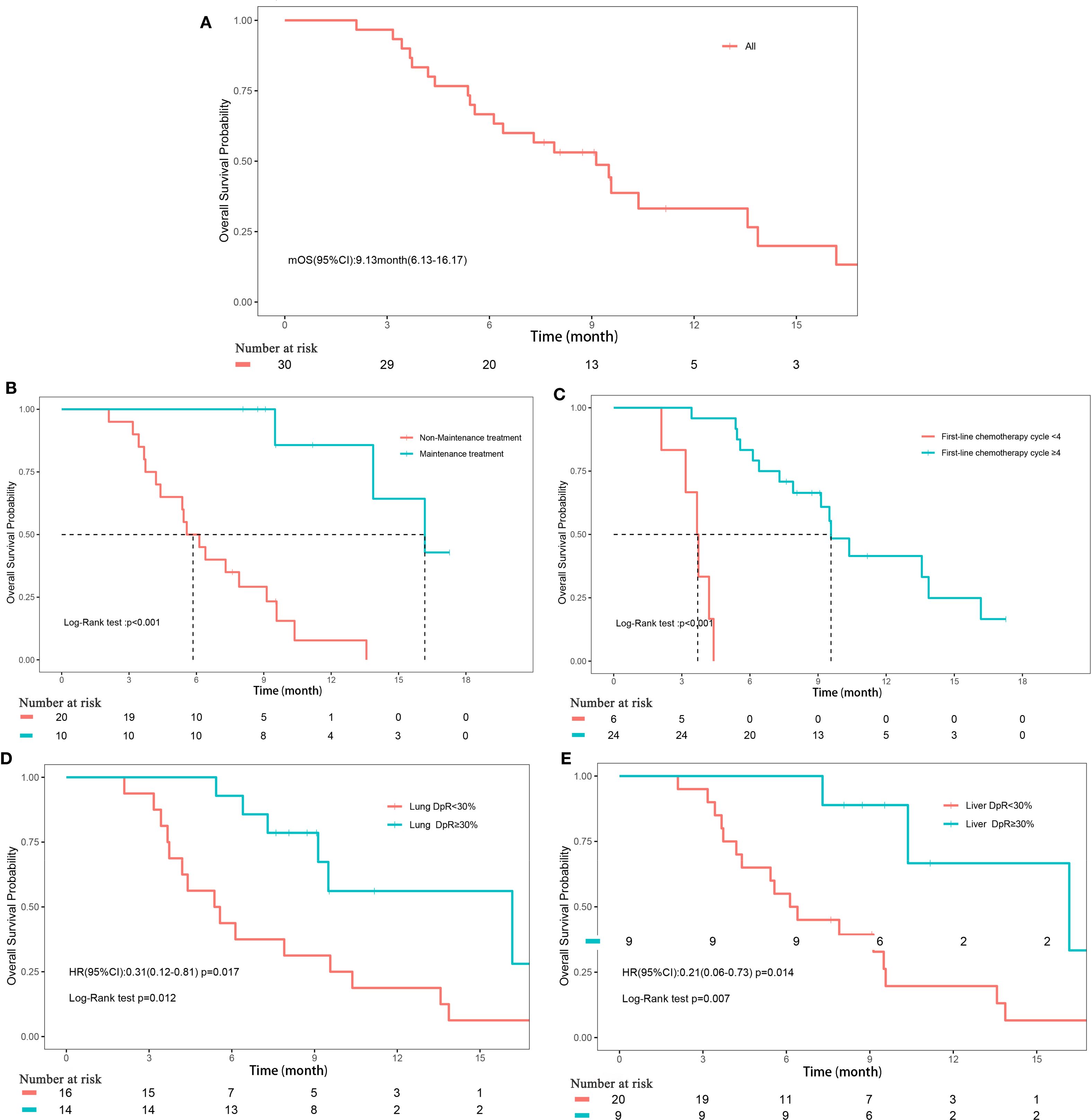 Five Kaplan-Meier survival curves labeled A to E. A: Overall survival for all patients, median survival of 9.13 months. B: Comparison of maintenance vs. non-maintenance treatment, significant difference (p<0.001). C: Comparison of first-line chemotherapy cycles x4, significant difference (p<0.001). D: Lung DpR <30% vs. ≥30%, significant difference (p=0.012). E: Liver DpR <30% vs. ≥30%, significant difference (p=0.007). Each graph shows the number at risk below the x-axis on a timeline of treatment in months.