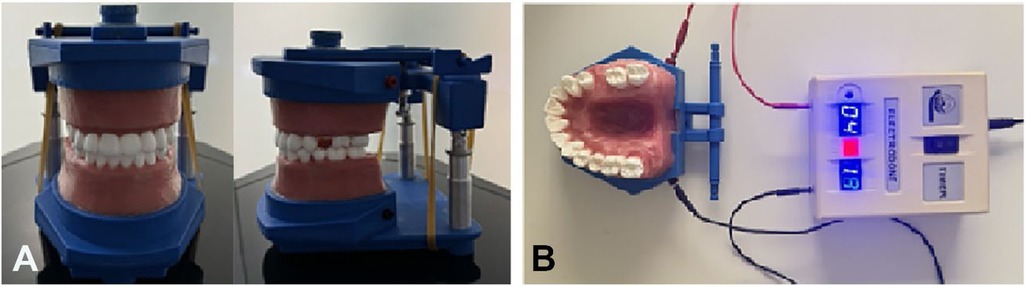 Panel A shows a blue dental articulator with a dental model displaying white teeth. Panel B shows a top view of the dental model connected with wires to an electronic device displaying numbers.