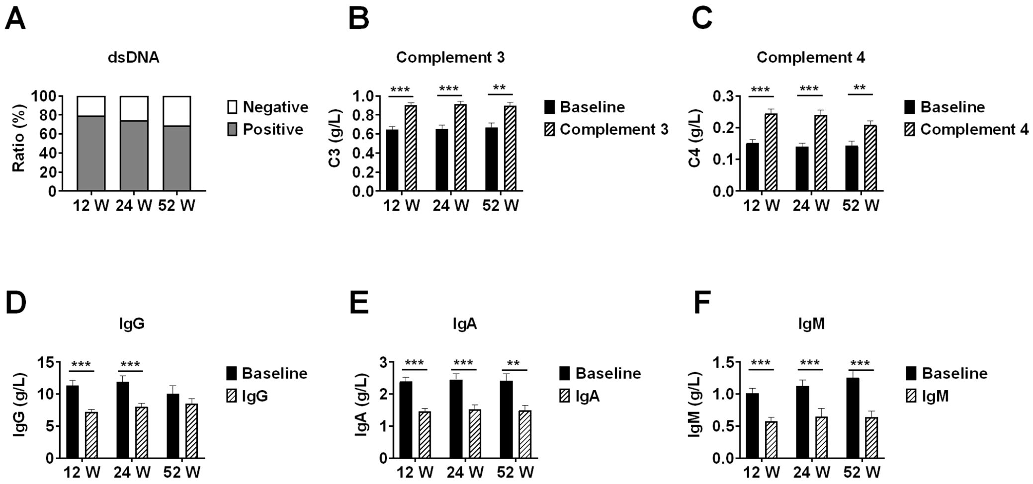 Six bar graphs compare various immune markers over time at 12, 24, and 52 weeks. Panel A shows dsDNA positivity with a consistent positive rate. Panel B shows Complement 3 levels increasing over time. Panel C shows Complement 4 levels with a similar increasing trend. Panels D, E, and F show Immunoglobulin G, A, and M levels, respectively, all showing significant increases when compared to baseline. Statistical significance is indicated by asterisks, with higher asterisks representing higher significance.