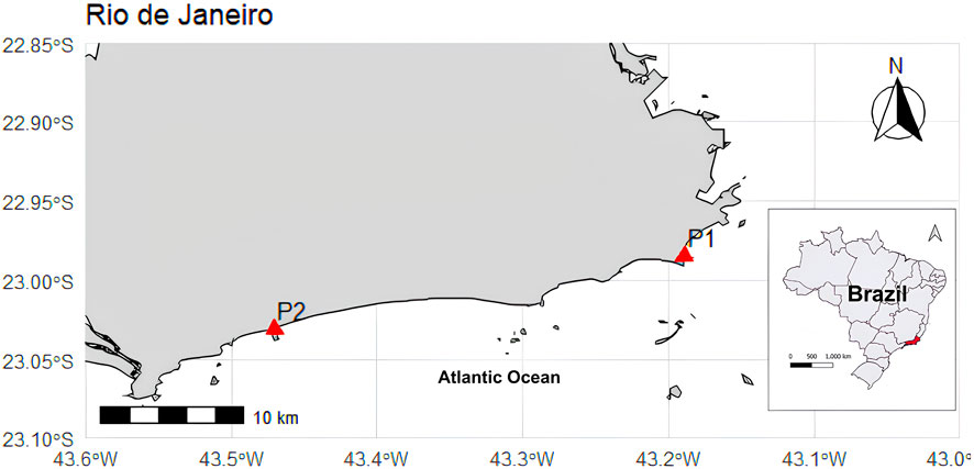 Map of Rio de Janeiro's coastline, showing two marked points, P1 and P2, along the shore. It includes a compass rose indicating north, and an inset map of Brazil with the region highlighted. Coordinates are labeled on the map edges.
