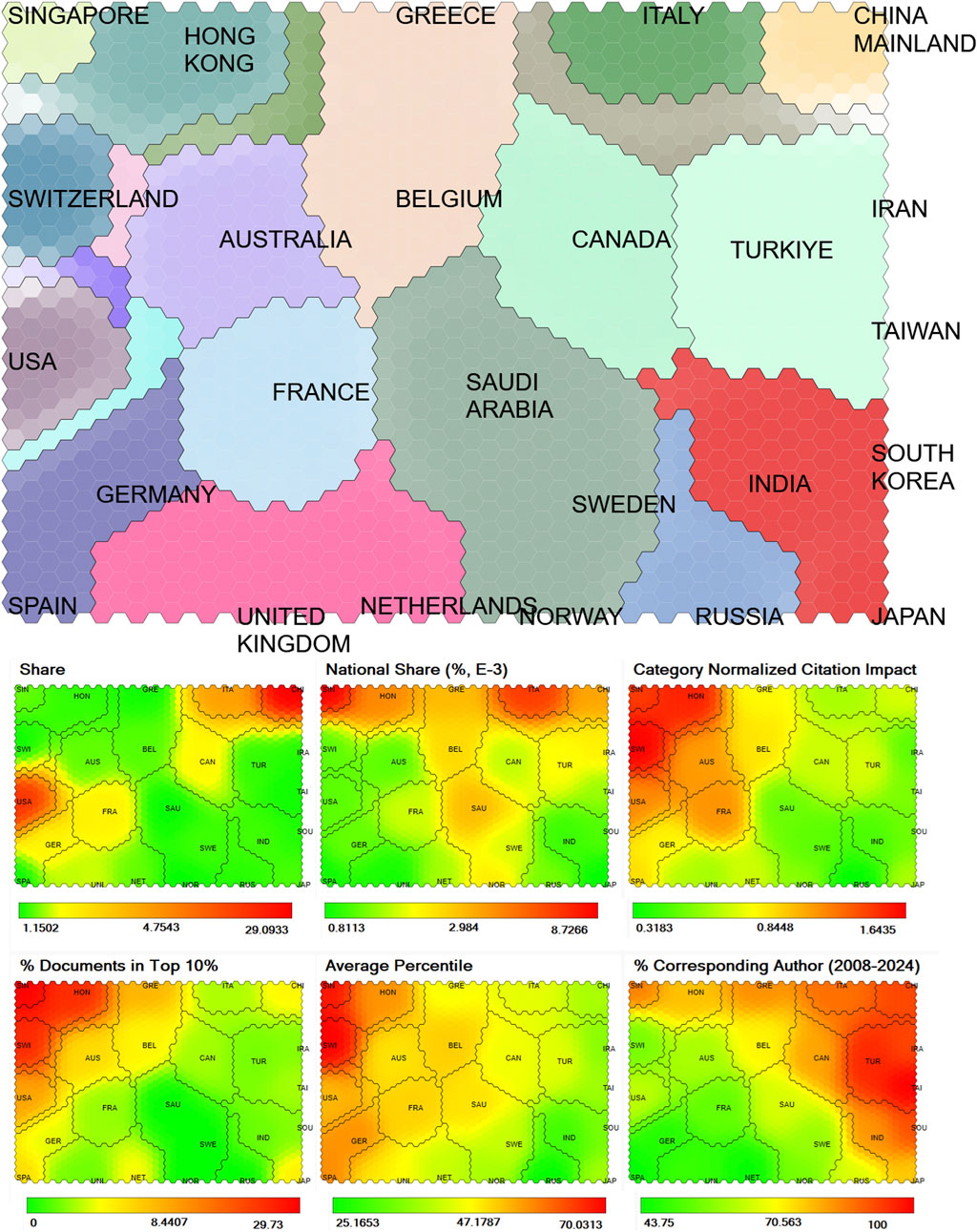 Map with countries labeled as hexagonal tiles, featuring Singapore, Hong Kong, Saudi Arabia, and others. Below, six heatmaps display data metrics:
