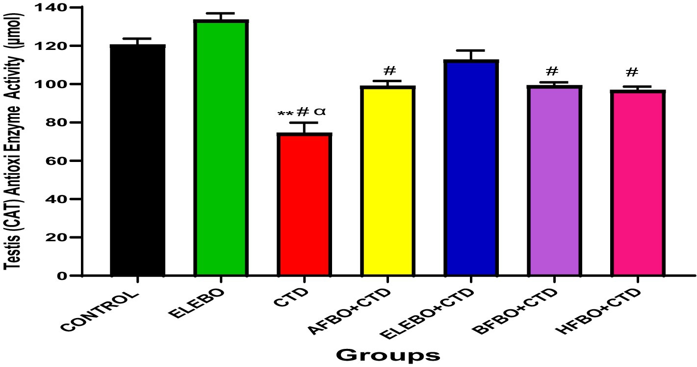 Bar chart illustrating testis catalase (CAT) antioxi enzyme activity in various groups. Activity is highest in ELEBO, slightly lower in CONTROL, and lowest in CTD. AFBQ+CTD, ELEBO+CTD, BFBO+CTD, and HFBO+CTD have moderate activity. Different symbols indicate statistical differences among groups.