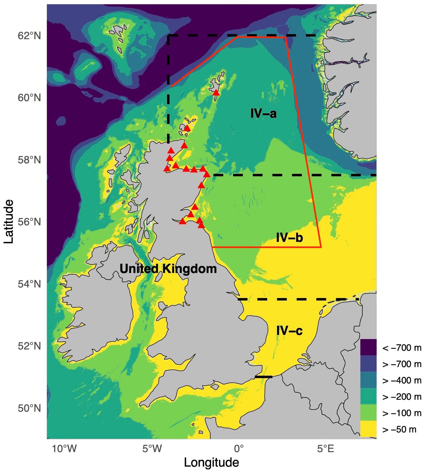 Map of the British Isles and surrounding waters with bathymetric variations indicated by color. Areas are divided into sections IV-a, IV-b, and IV-c, outlined in red and black dashed lines. Depths range from greater than negative seven hundred meters to more than fifty meters, represented by colors from deep purple to bright yellow. Red triangles mark specific locations. Latitude and longitude lines provide geographic context.