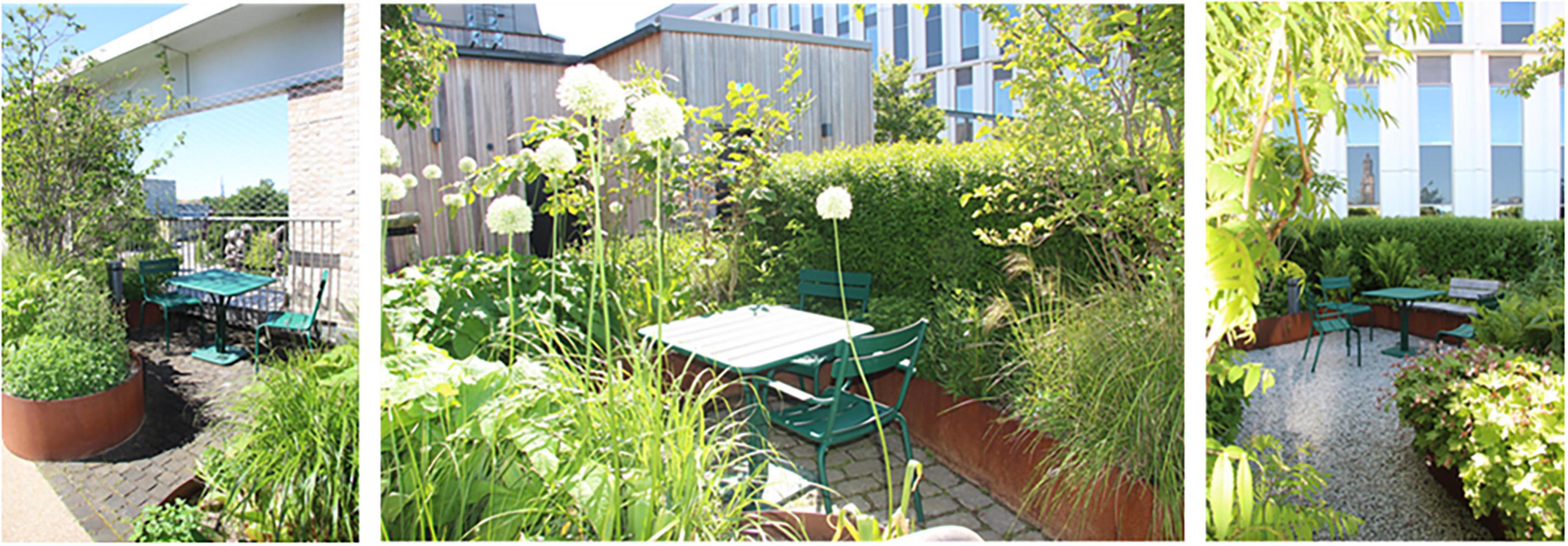 Three images of urban rooftop gardens with green metal tables and chairs surrounded by lush greenery and decorative planters. The setting features tall plants, hedges, and a sunny, serene atmosphere.