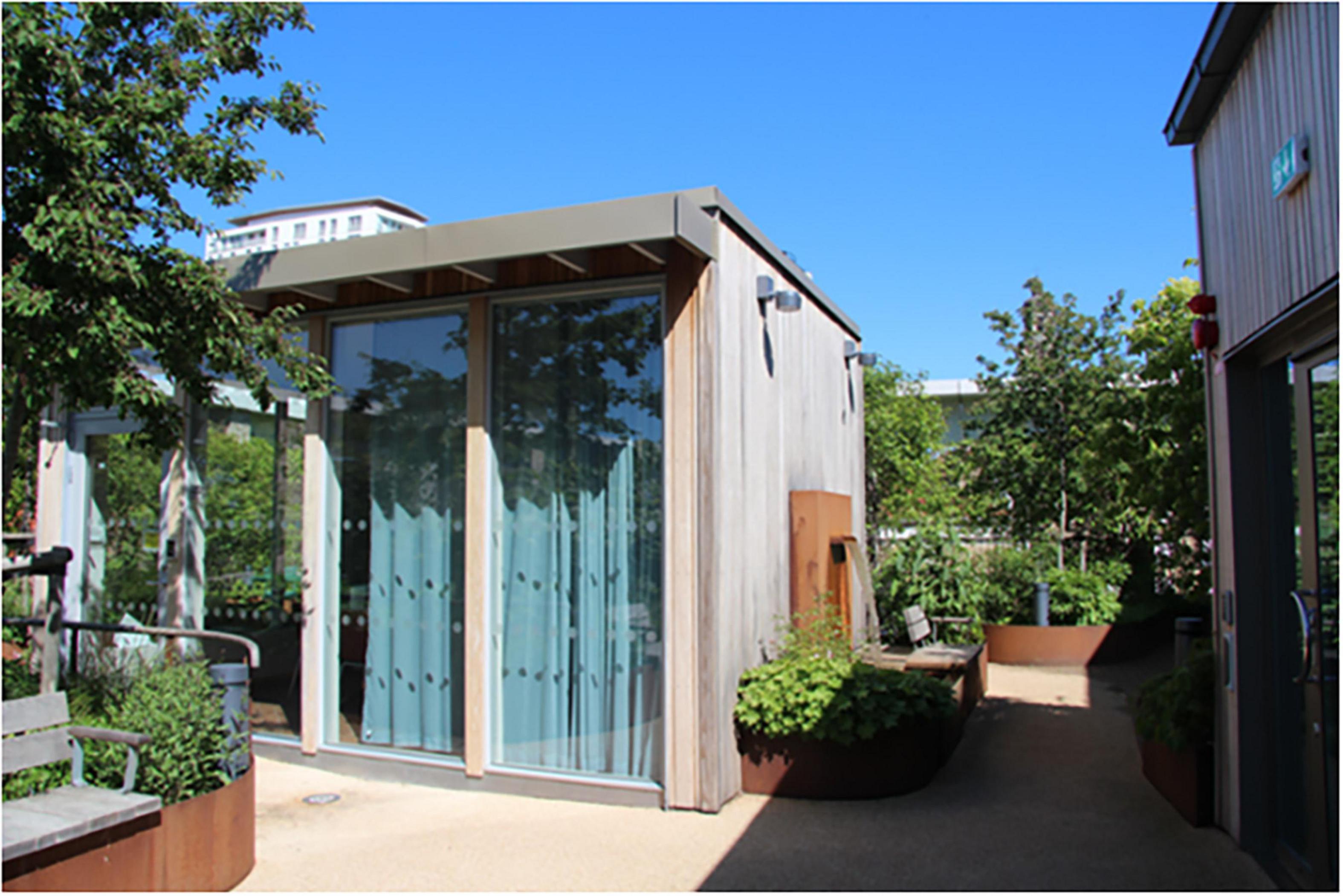 Modern detached wooden garden building with large glass windows, surrounded by lush greenery, planters and a water feature on one side. The pathway leads to a sunny garden area, with clear blue sky above.