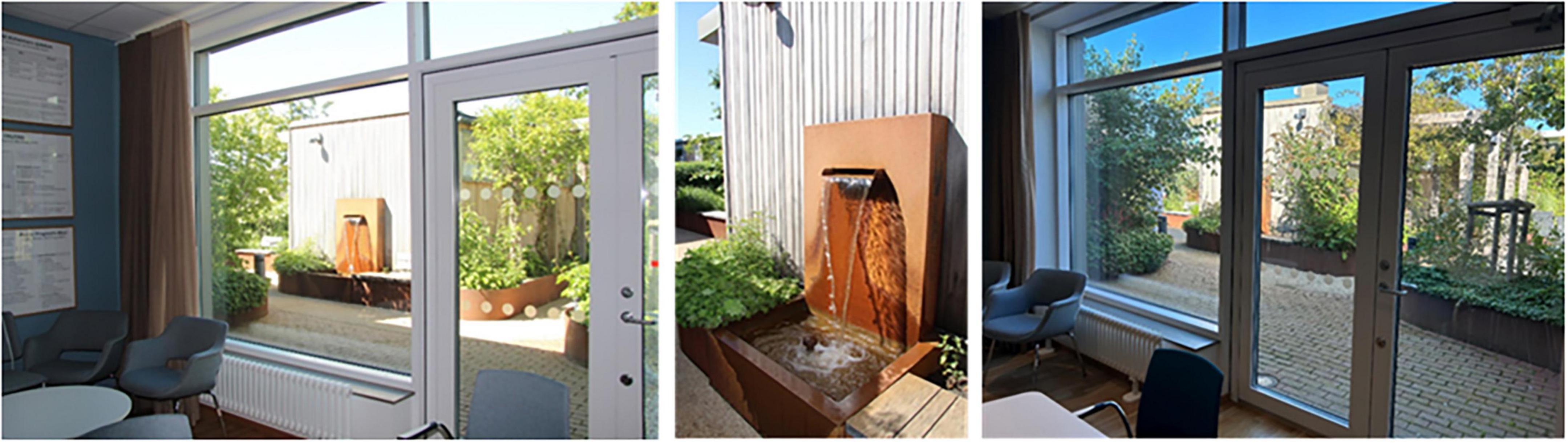 Three images depict an interior space with large windows and a view of an outdoor rooftop garden. The first image shows a seating area and a view of greenery through the window. The second image focuses on a water fountain outside, surrounded by plants. The third image captures another angle of the seating area with a garden view, including raised plants outside the window.