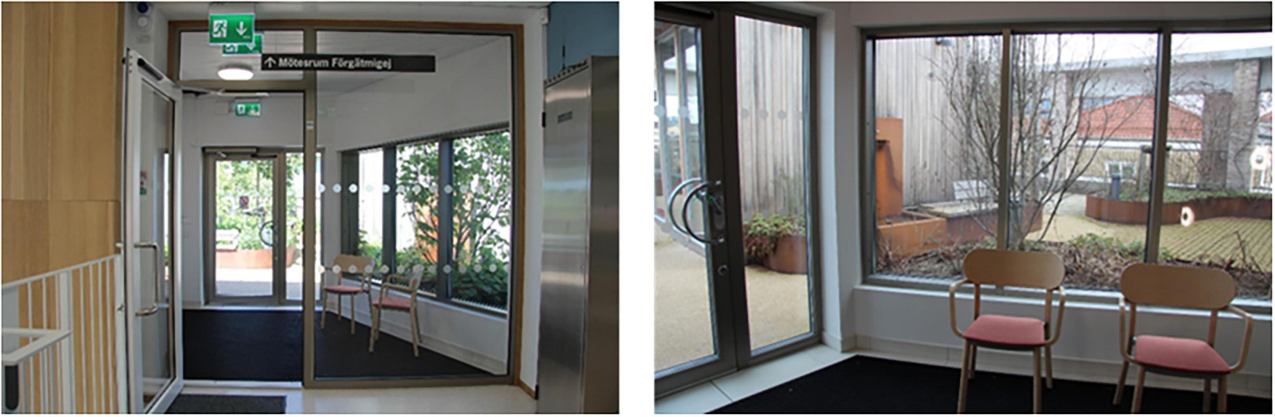 Two images showing a well-lit indoor entrance/exit area of a clinic. The first image shows a corridor with large windows, a safety exit sign, and a couple of chairs near the window overlooking a rooftop garden. The second image shows a seating area with two chairs in front of large windows overlooking a rooftop garden with raised plants and a small tree.