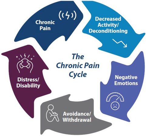 Cycle diagram illustrating the chronic pain cycle, with arrows indicating progression. Sections labeled as: Chronic Pain, Decreased Activity/Deconditioning, Negative Emotions, Avoidance/Withdrawal, and Distress/Disability. Each section includes relevant icons.