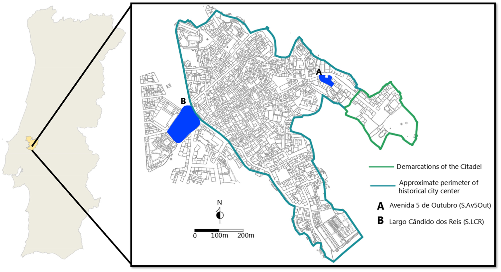 Map highlighting the historical city center with demarcations of the Citadel in green and the historical perimeter in blue. Key locations marked as A for Avenida 5 de Outubro and B for Largo Cândido dos Reis. A small map of Portugal on the left shows the location context. A scale bar is included.
