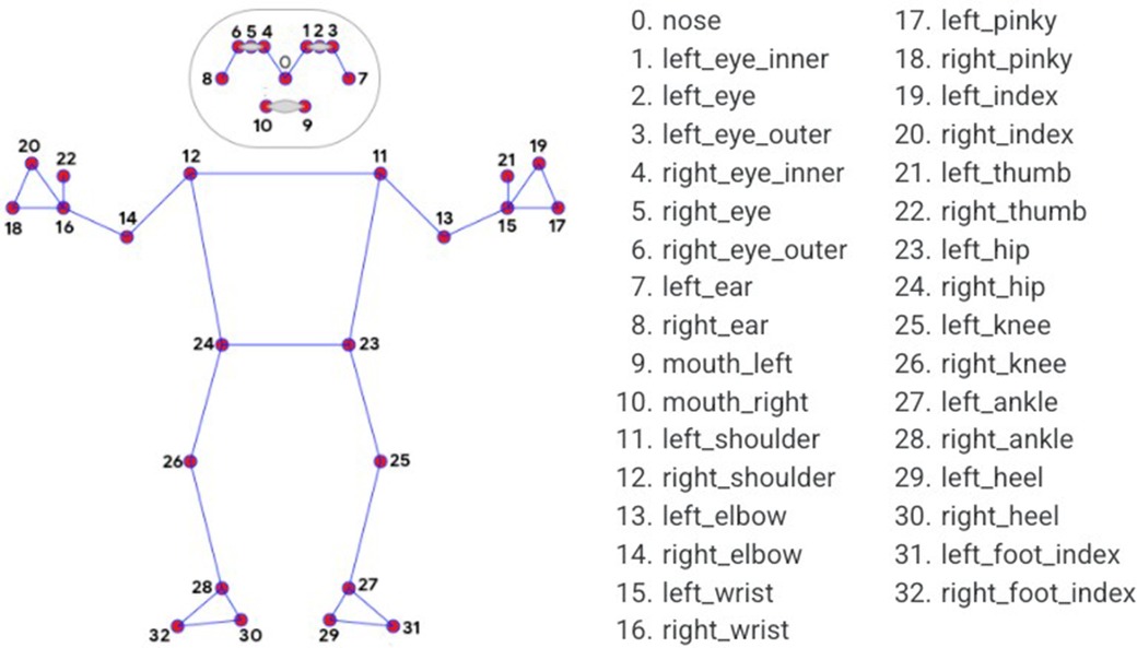 Diagram of a human figure with numbered points indicating key body parts for pose estimation. The points are connected with lines, and a list on the right describes each numbered point, such as the nose, eyes, mouth, shoulders, elbows, wrists, hips, knees, ankles, and specific fingers.
