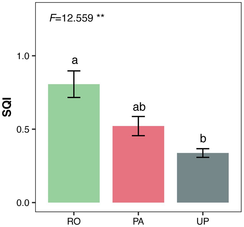 Bar chart showing SQI values for three categories: RO, PA, and UP. RO has the highest value, followed by PA, then UP. Error bars are present, with statistical significance noted by F equals 12.559 with two asterisks.