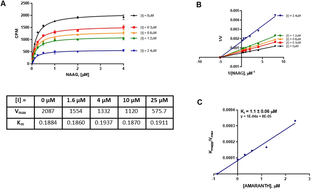 Three-panel image displaying enzyme kinetics data. Panel A is a graph of CPM versus NAAG concentration with curves indicating various inhibitor concentrations: 0, 0.3, 0.6, 1.2, and 2.4 micromolar. Panel B shows a Lineweaver-Burk plot with lines corresponding to different inhibitor concentrations. Panel C presents a plot of K_mapp/V_max versus amaranth concentration, showing a linear relationship; the calculated inhibition constant (K_i) is 1.1 ± 0.06 micromolar. A table below summarizes V_max and K_m values at varying inhibitor concentrations.