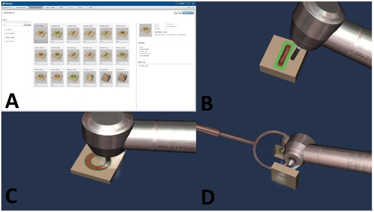 Panel A shows a user interface with various 3D model selections. Panel B depicts a close-up of a robotic arm using a tool on a square block with a green outline. Panel C features a similar robotic operation with a green circular outline. Panel D shows another view of the arm interacting with a square block. All panels illustrate robotic precision in 3D modeling.