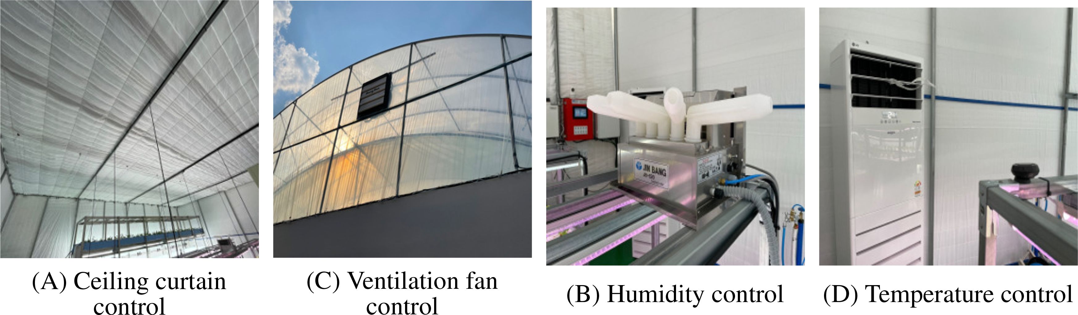 Four-panel image showing different greenhouse climate control systems. (A) View of a ceiling curtain control for light and temperature management. (B) Close-up of a humidity control device with multiple white tubes. (C) Exterior view of a greenhouse with a ventilation fan against the sky. (D) Interior of a greenhouse with a temperature control unit and a plant-growing area.