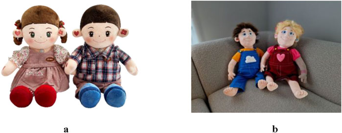 Two images labeled a and b, showing social robots designed to look like dolls. Image a shows two plush dolls sitting side by side, a girl with brown hair in pigtails, wearing a floral dress and red shoes, and a boy with short brown hair, wearing a plaid shirt and blue pants. Image b shows two plush dolls on a couch, a boy with brown hair in blue overalls and an orange shirt with a cloud design, and a girl with blonde hair wearing a pink shirt with a heart and maroon overalls.
