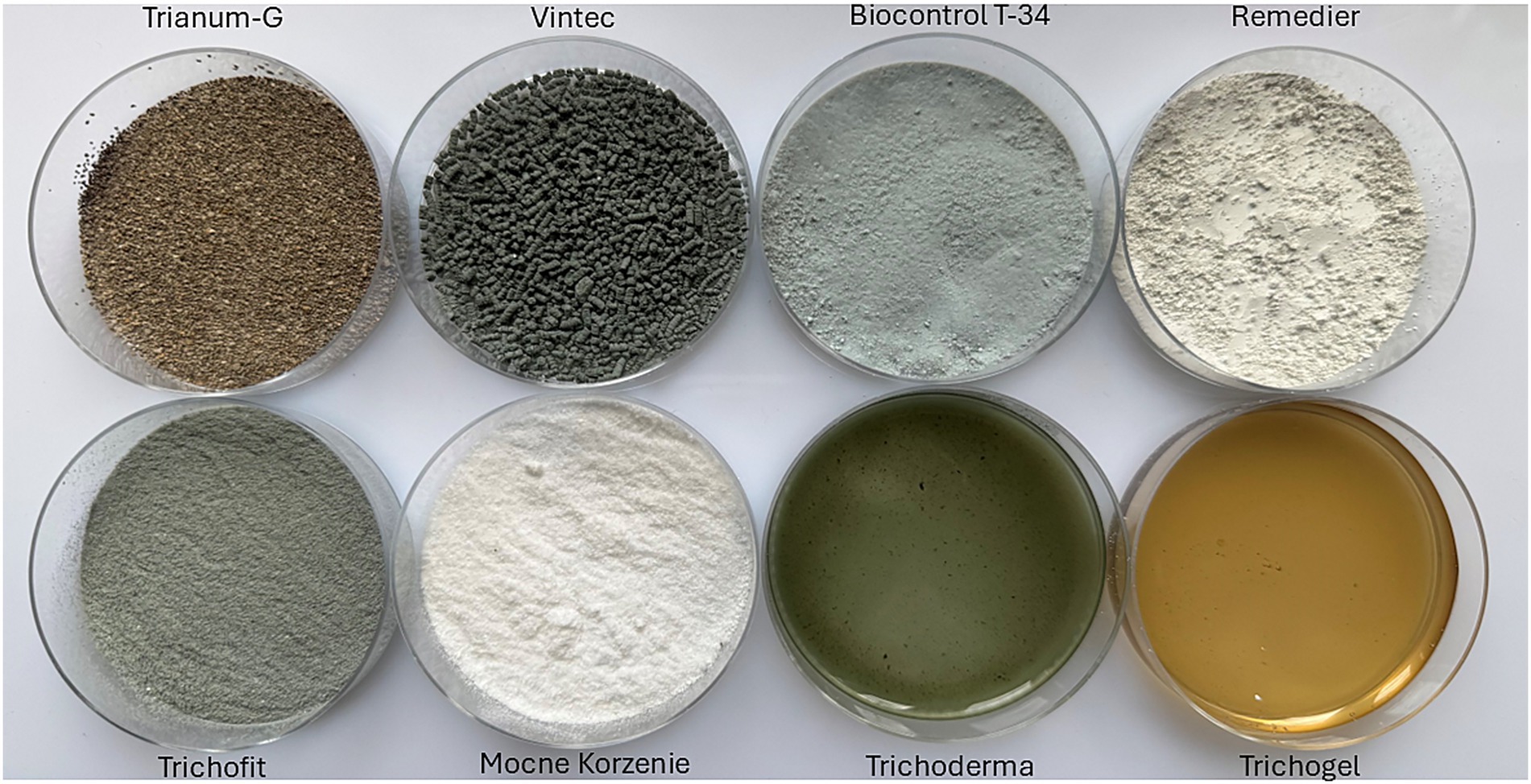 Various bioproducts are displayed in glass petri dishes, including granular, powder, and liquid forms. Labels above each dish read Trianum-G, Vintec, Biocontrol T-34, Remedier, Trichofit, Mocne Korzenie, Trichoderma, and Trichogel.