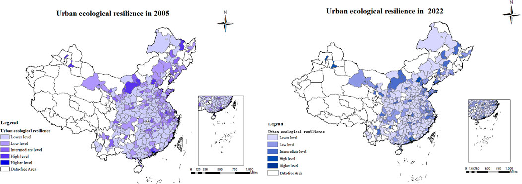 Maps comparing urban ecological resilience in China for 2005 and 2022. Resilience levels range from lower to higher, indicated by shades of purple and blue. The 2022 map shows increased resilience compared to 2005, with more areas at high and higher levels. Each map includes a legend and a scale for reference.
