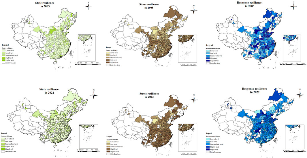 Six maps of China showing various resilience levels in 2005 and 2022. The top row depicts 2005, while the bottom row shows 2022. Each column represents different resilience metrics: state resilience (green), stress resilience (brown), and response resilience (blue). Each map uses shades to indicate lower to higher resilience levels, with white areas labeled as data-free.