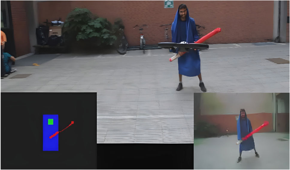 A person in a blue robe and hood stands in a courtyard holding a long, red object resembling a sword. A drone is Flying in front of the person. The scene is outdoor. Two inset images show the person's position: on the right the view from the drone camera, on the left the color classification of the same image.