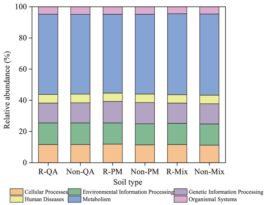 Stacked bar chart comparing relative abundance percentages across six soil types: R-QA, Non-QA, R-PM, Non-PM, R-Mix, Non-Mix. Categories include Cellular Processes, Environmental Information Processing, Genetic Information Processing, Human Diseases, Metabolism, and Organismal Systems, color-coded as per the legend.