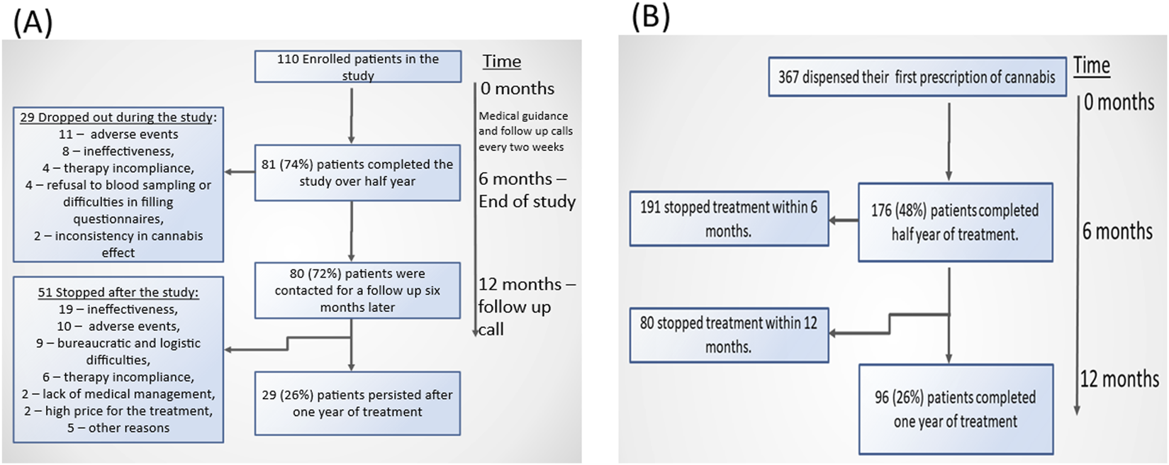During first 6 months, 29 dropped out due to various reasons such as adverse events and ineffectiveness., while 81 completed the study completed. At 12 months 80 were contacted, and only 29 persisted therapy. (B) Flowchart of 367 patients with a first cannabis prescription: During first 6 months 191 stopped treatment while 176 completed therapy of half a year. At 12 months, 80 stopped treatment and 96 completed one year. Time intervals and patient outcomes are detailed.