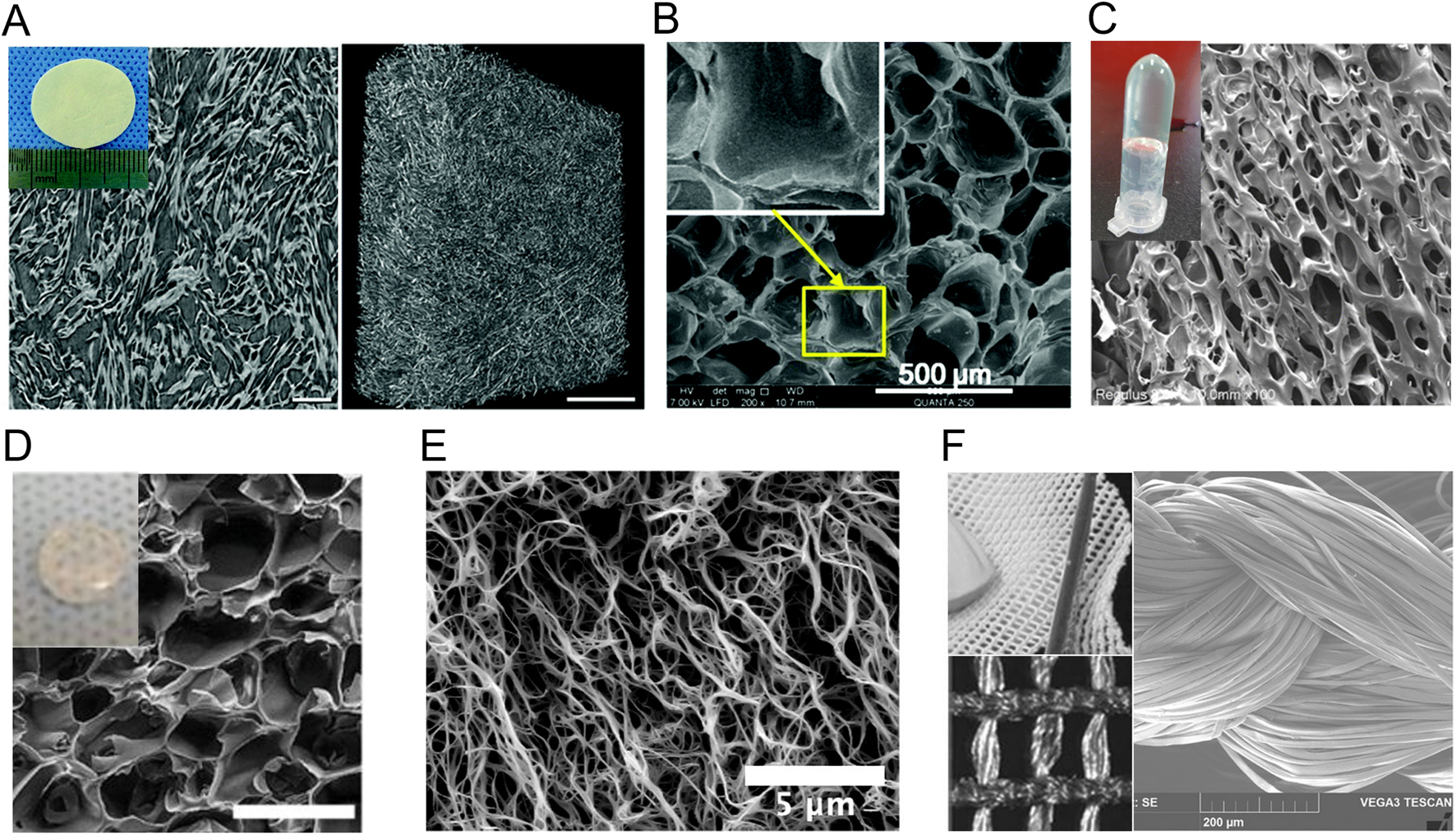 Panel A shows a porous material with an inset of a circular sample on a scale. Panel B features a close-up of a porous structure with a magnified section indicated by a yellow box. Panel C depicts a porous material with an inset of a transparent container. Panel D displays a similar porous texture with an inset of a round item on a grid. Panel E presents a fibrous structure at a micro scale. Panel F shows a textile sample with close-ups of woven fibers and a twisted fiber mass.
