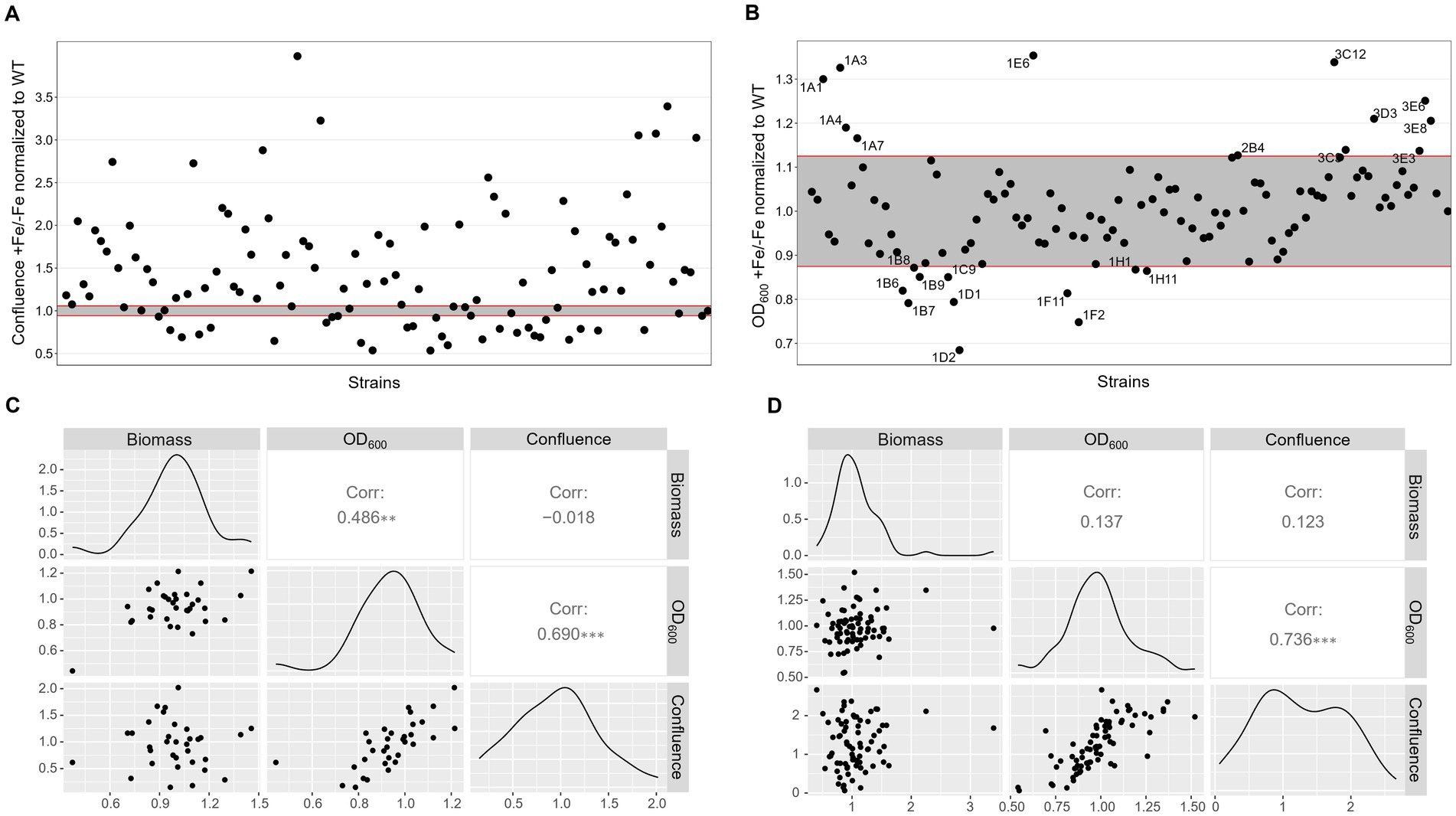 Graphical analysis of microbial strains comparing biomass, OD600, and confluence. Panel A shows confluence to wild type normalization across strains; Panel B displays OD600 normalization with highlighted outliers; Panel C provides correlation metrics among biomass, OD600, and confluence; Panel D illustrates similar scatter plots and distribution curves with correlation values. Red lines indicate normalized references.
