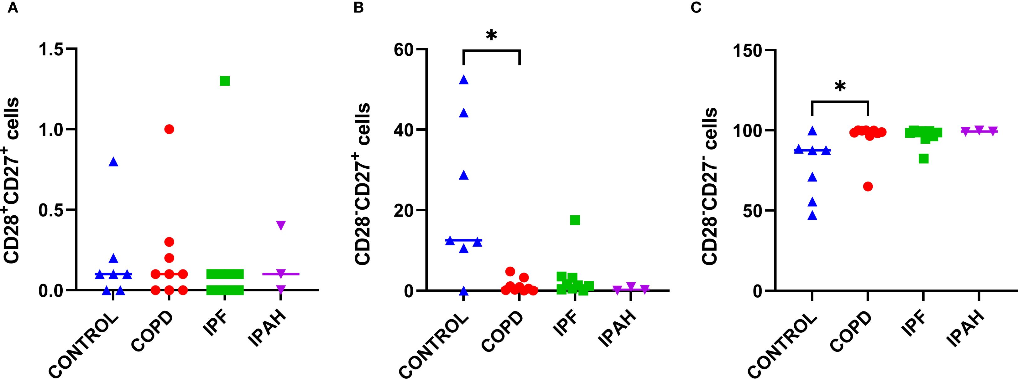 Scatter plots show CD28 and CD27 cell percentages across controls, COPD, IPF, and IPAH groups. Plot A shows CD28+CD27+ cells, with low values across all groups. Plot B shows CD28-CD27+ cells, with significantly higher values in COPD. Plot C shows CD28-CD27- cells, with higher values in IPF and IPAH compared to controls. Asterisks indicate statistical significance.