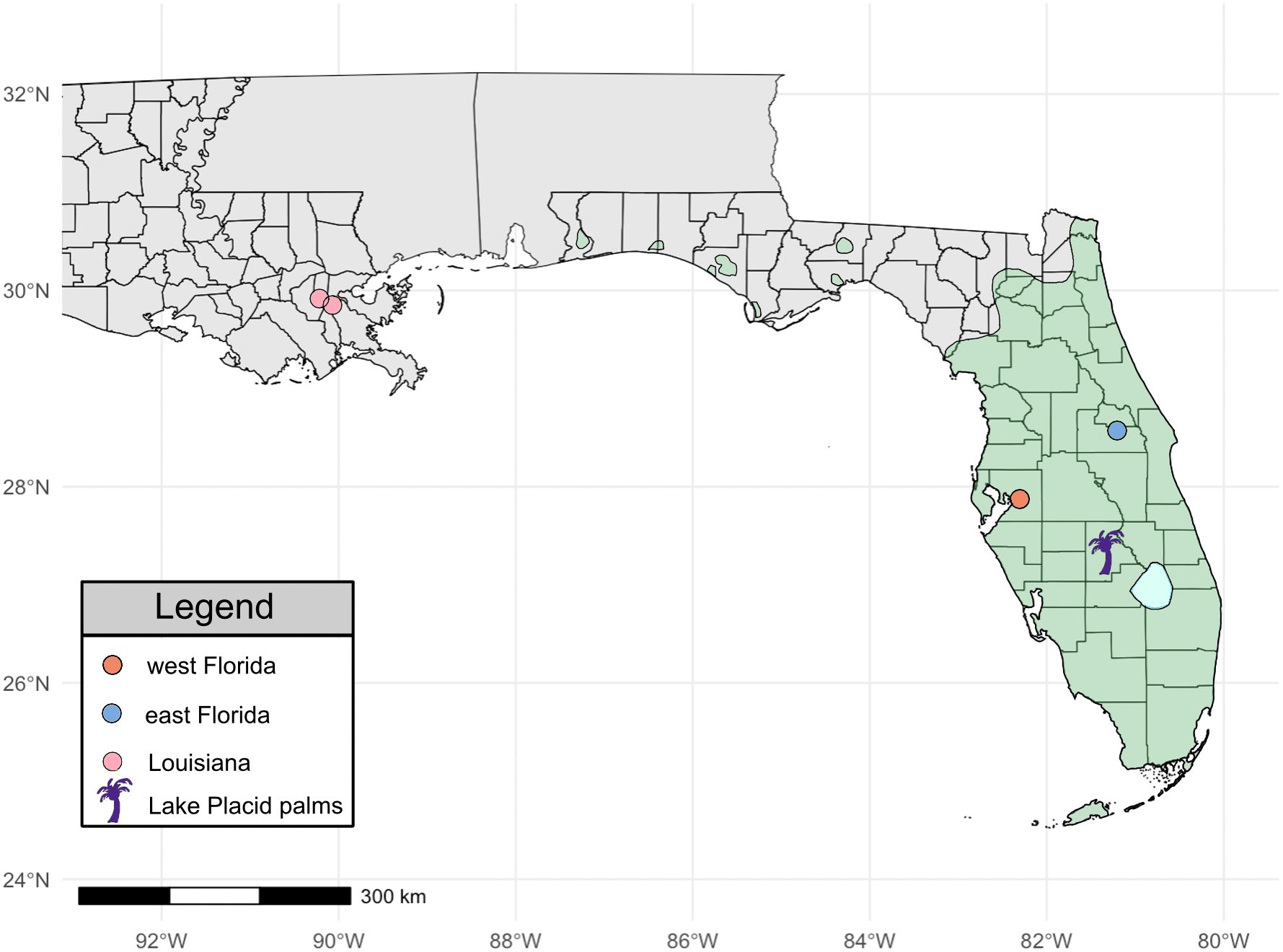 Map showing parts of Louisiana and Florida with highlighted regions and a legend. West Florida is marked in orange, east Florida in blue, Louisiana in pink, and Lake Placid palms with a palm tree icon. Locations are positioned with latitude and longitude lines, with a scale bar indicating 300 kilometers.