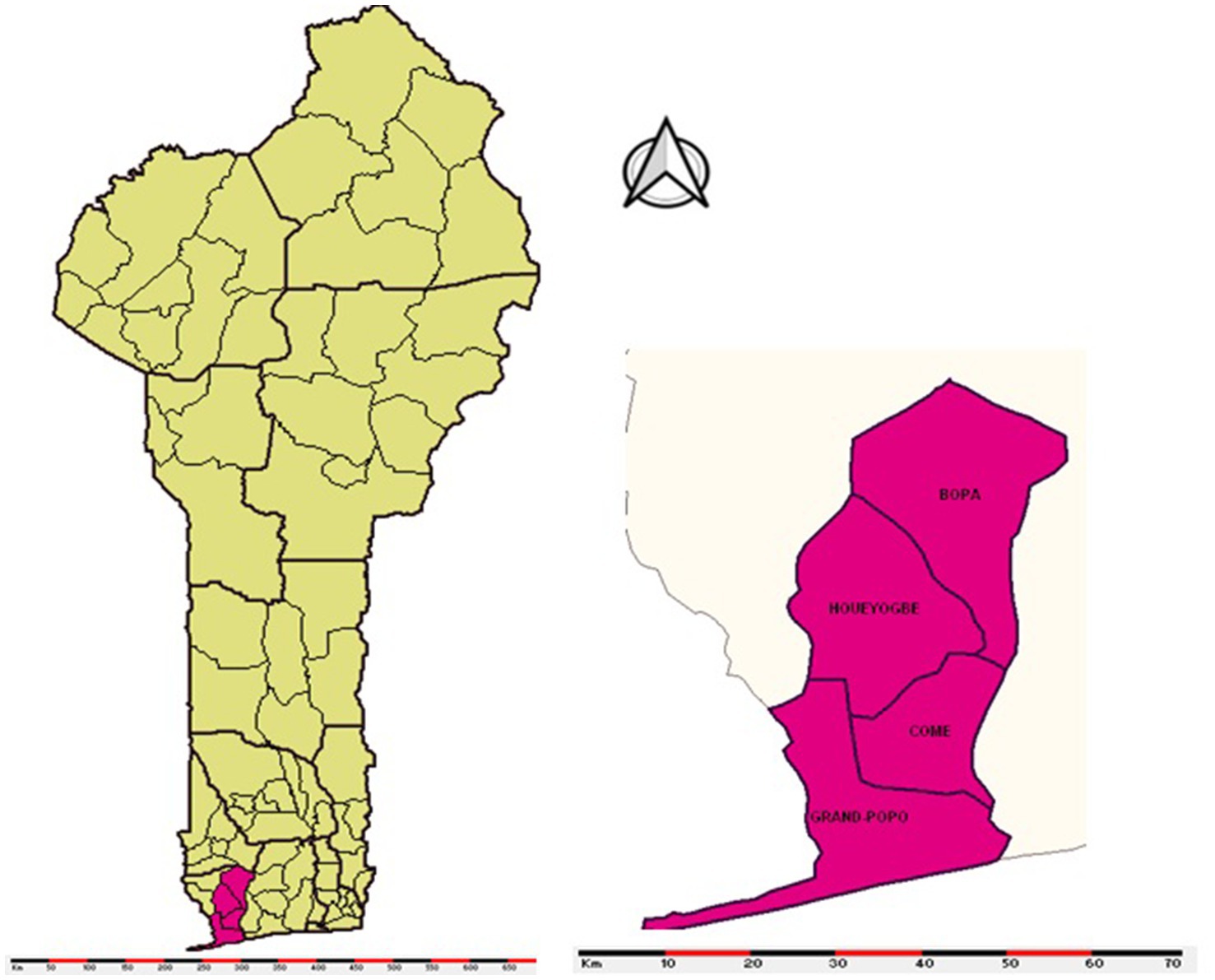 Map of Benin showing administrative divisions. The left side highlights a pink region in the south. The right side zooms into this region, detailing areas named Bopa, Houéyogbé, Comé, and Grand-Popo. A scale bar indicates distance in kilometers.
