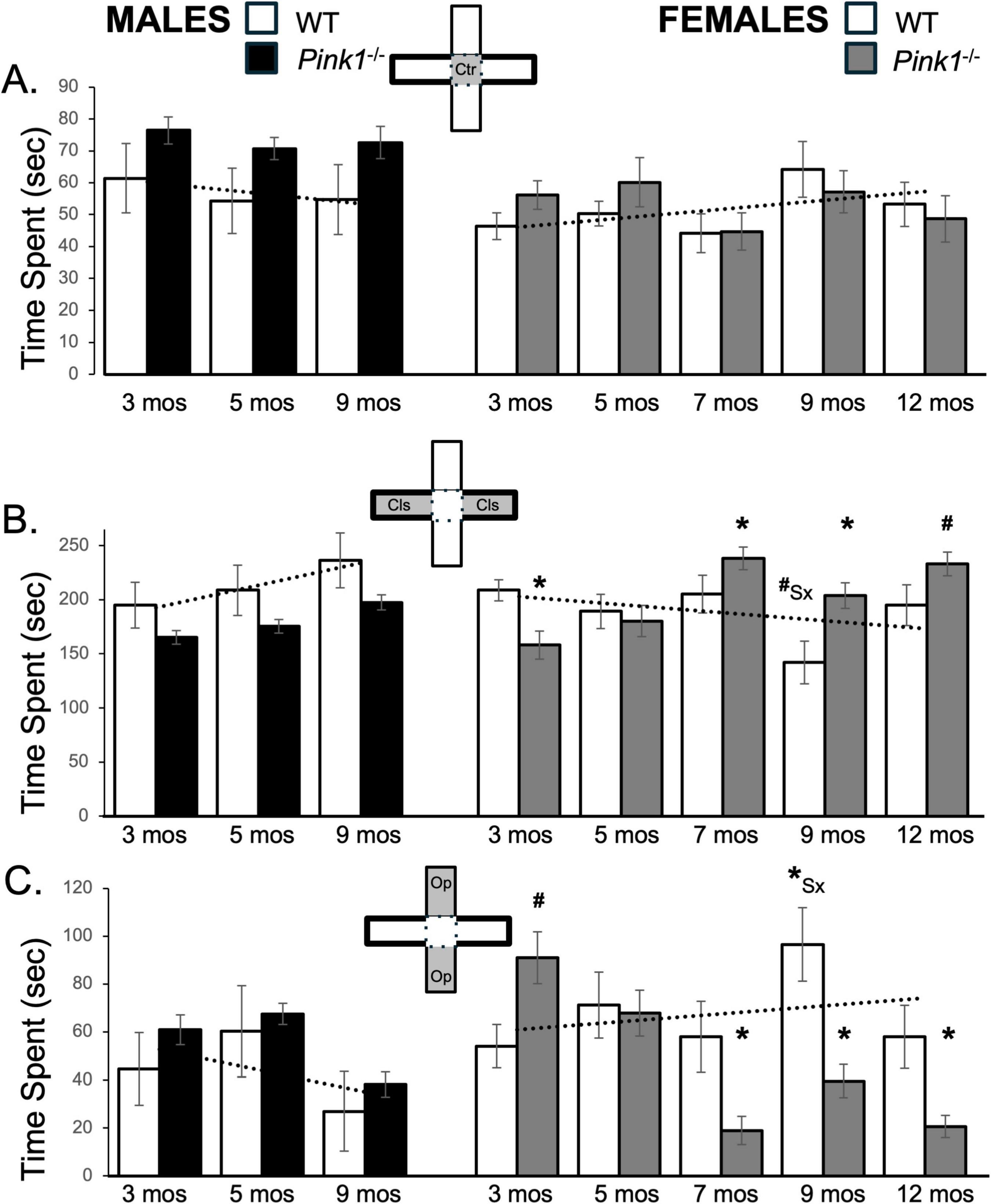 Bar graphs labeled A, B, and C compare time spent in seconds for male and female subjects at various ages (3, 5, and 9 months for males; 3, 5, 7, 9, and 12 months for females). Groups include WT (white bars) and Pink1−/− (black and gray bars). Symbols (*, #, Sx) indicate significant differences. Each graph shows a cross shape labeled with Ctr, Cls, or Op, representing different experimental conditions. Each panel tracks different behaviors across age and gender.