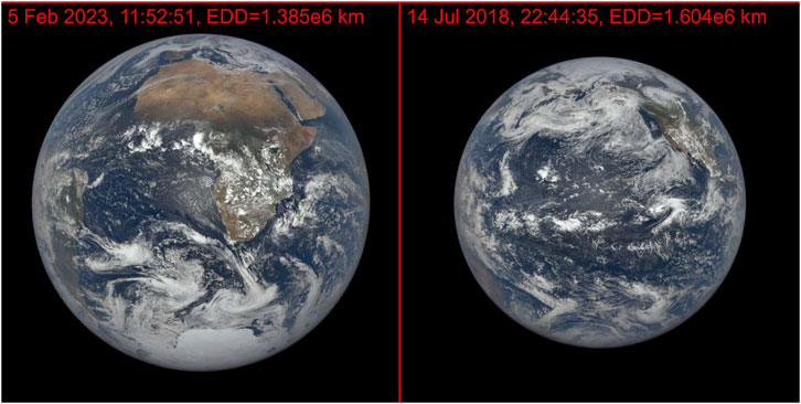 Two Earth images are shown. The left image, dated February 5, 2023, represents the image of the smallest EDD of 1.385 million kilometers. The right image, dated July 14, 2018, represents the image of the largest EDD of 1.604 million kilometers.