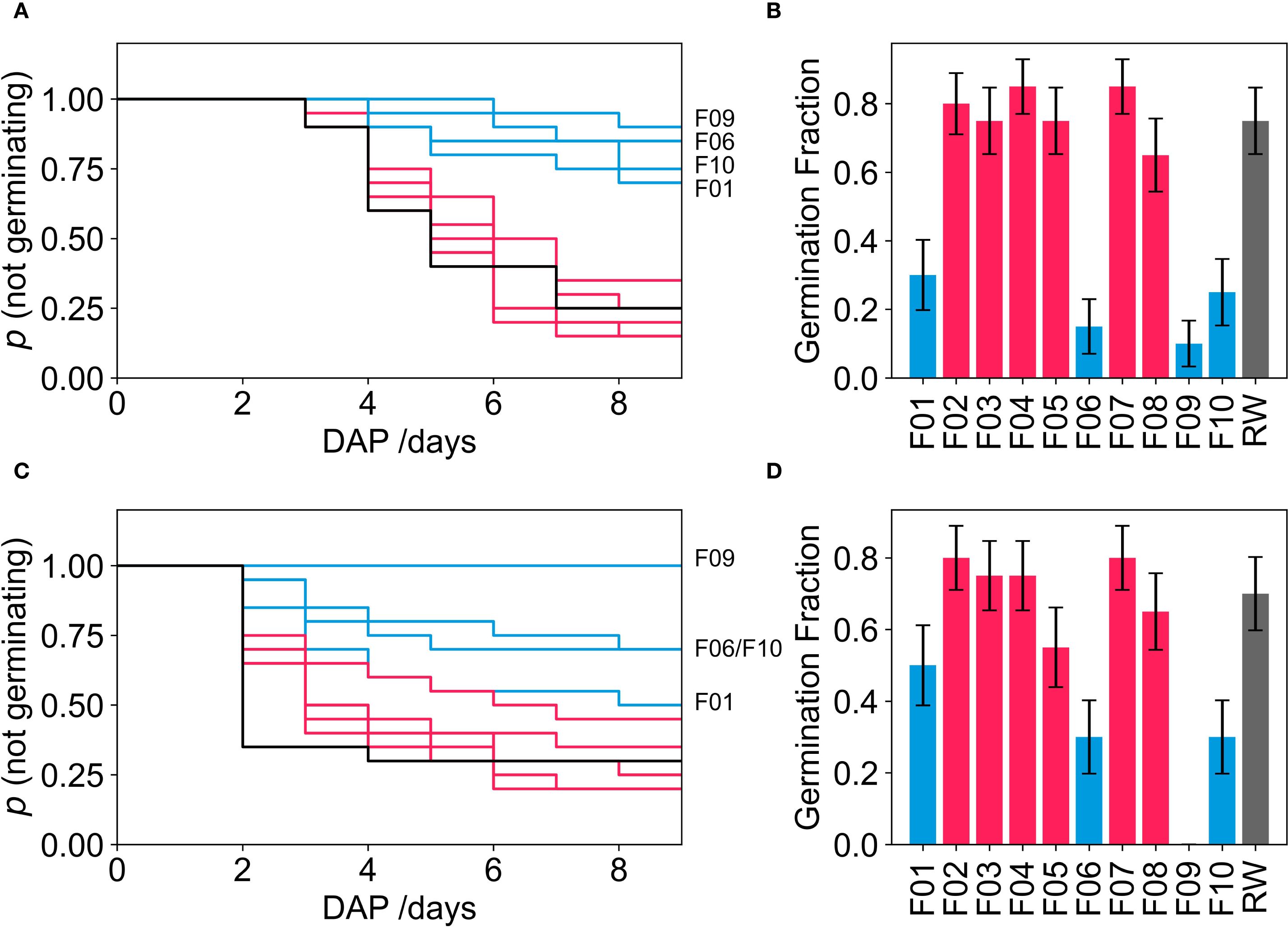 Graphs A and C show Kaplan-Meier plots for germination probability over days after planting (DAP) for different samples. Blue and red lines represent different samples. Graphs B and D display bar charts of germination fractions for samples F01 to RW, with error bars indicating variability. Graph B shows higher variation compared to D.