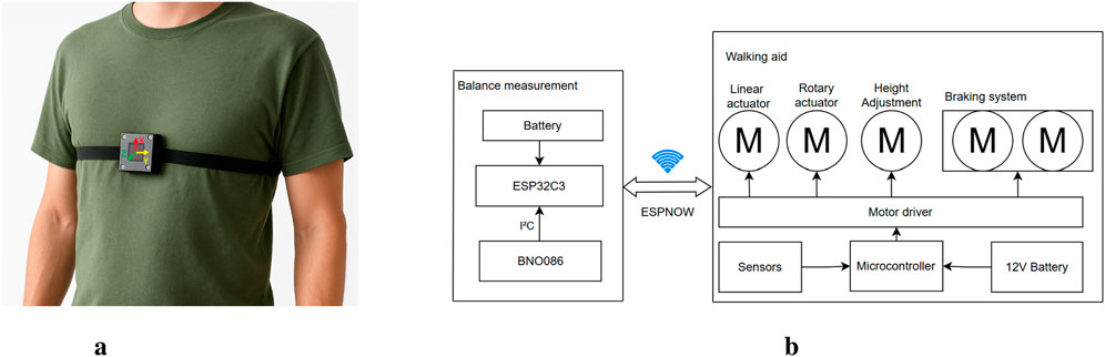 Diagram with two sections: (a) shows a person wearing a green shirt with a device strapped to the chest, featuring axis labels X, Y, Z. (b) illustrates a block diagram of a balance measurement system linked to a walking aid via ESP-NOW. Components include battery, ESP32C3, BNO086 sensor, and motor systems for linear and rotary actuation, height adjustment, and braking, powered by a microcontroller and 12-volt battery.